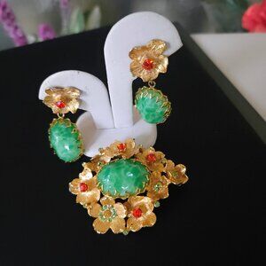 Vintage Marbled Green Art Glass and Rhinestone Flower Brooch & Earring Set